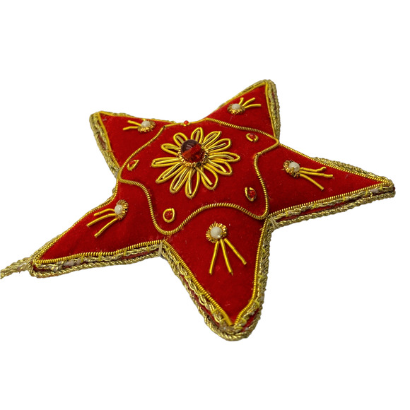 Zari Red Star Christmas Ornament, Zardozi Embroidery, Gift Bag - Picture 3 of 5